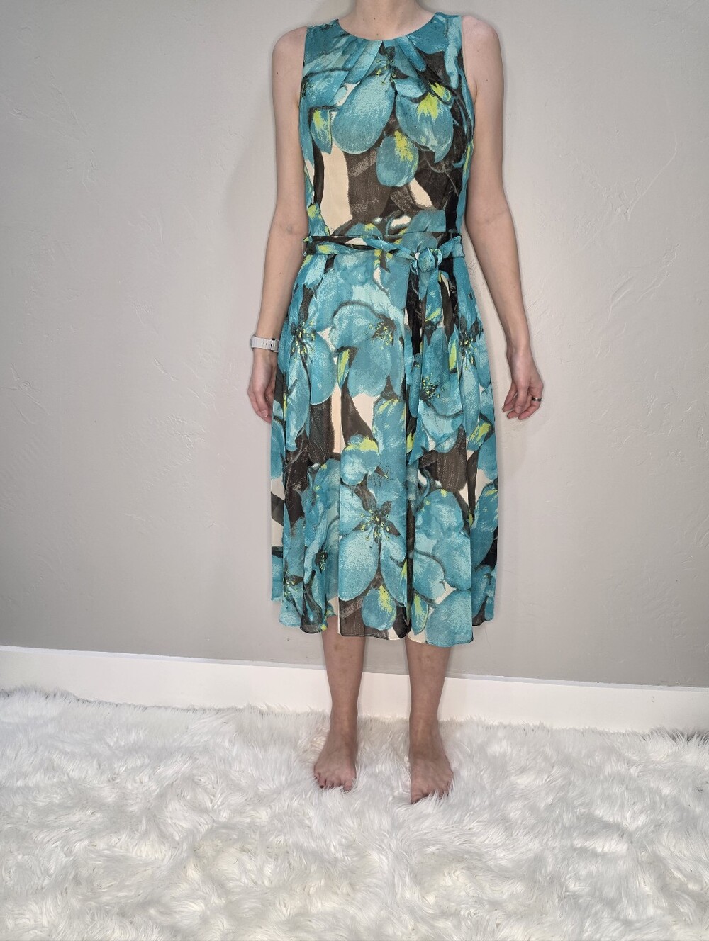 Sleeveless Teal Floral A-Line Dress